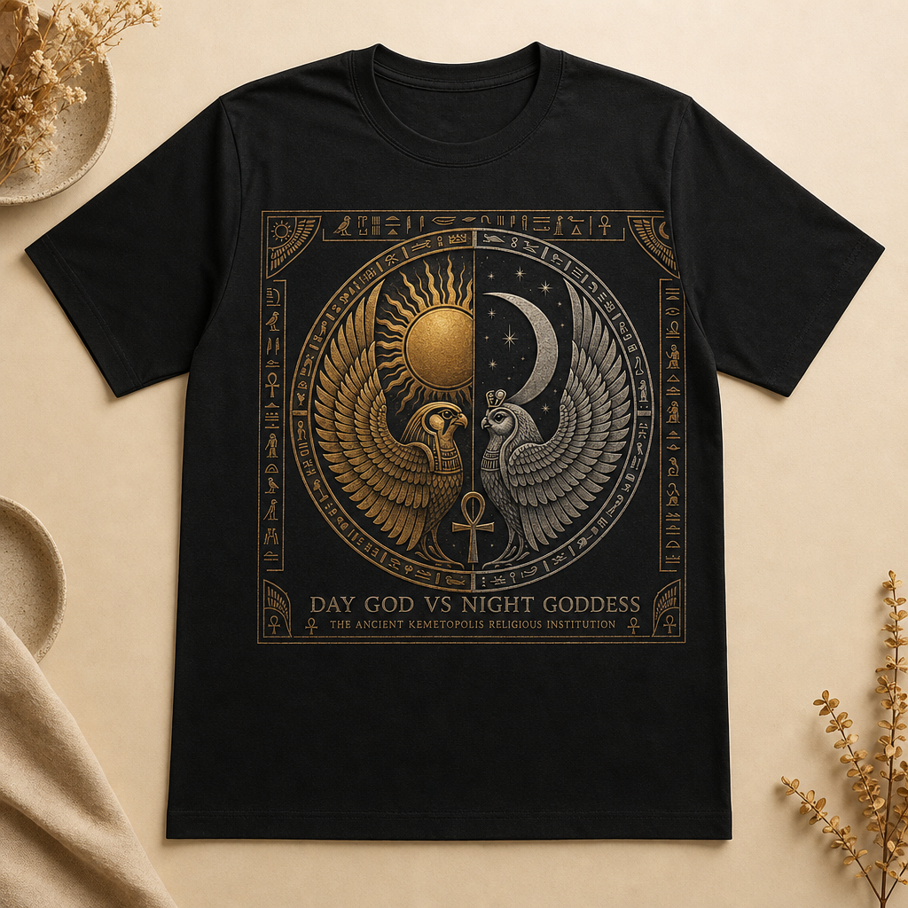 Day God vs Night Goddess — diegetic merch product shot