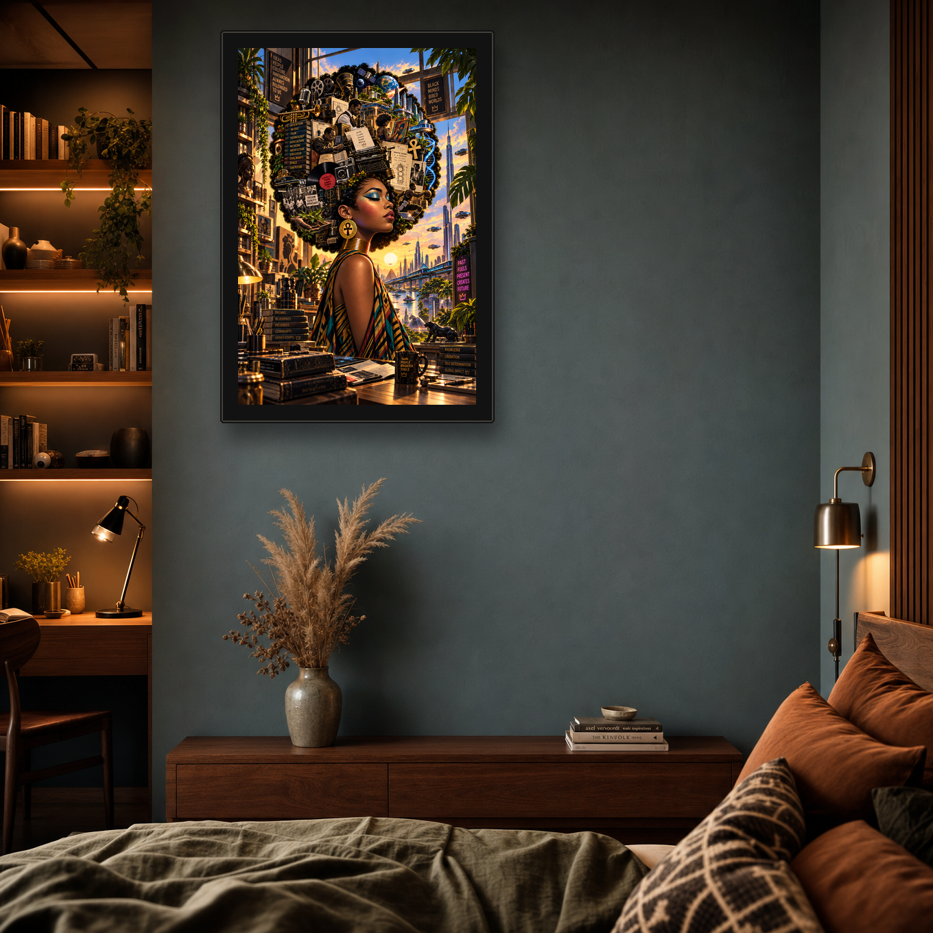 Black Minds Build Worlds framed canvas in a moody bedroom - hero